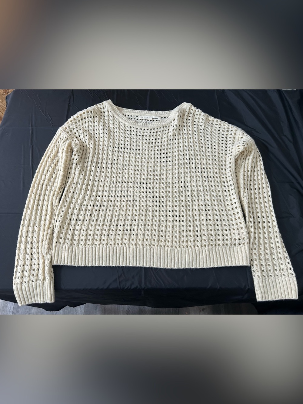 Stitches Open-Knit Crewneck Sweater in Cream